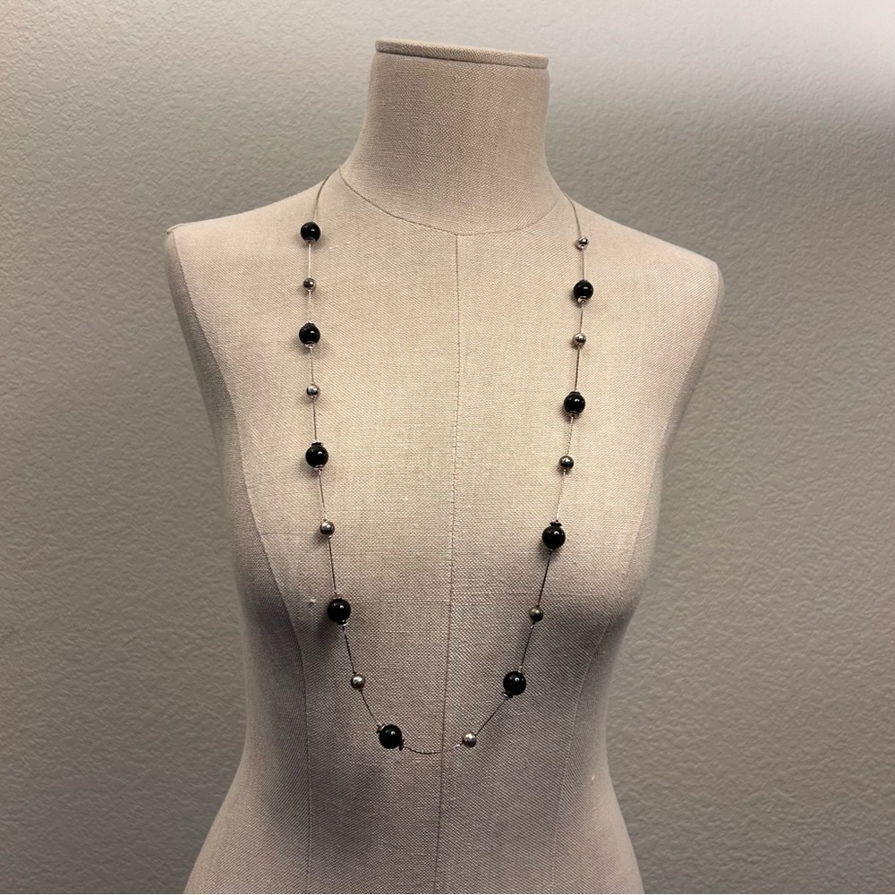 Silver and Black Bead Station Necklace on Silver Tone Chain